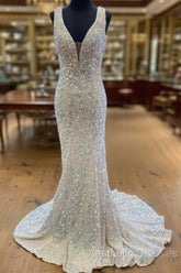 Sequin White Iridescent Formal Dresses Cheap V Neck Sleeveless Evening Prom Dresses Uk